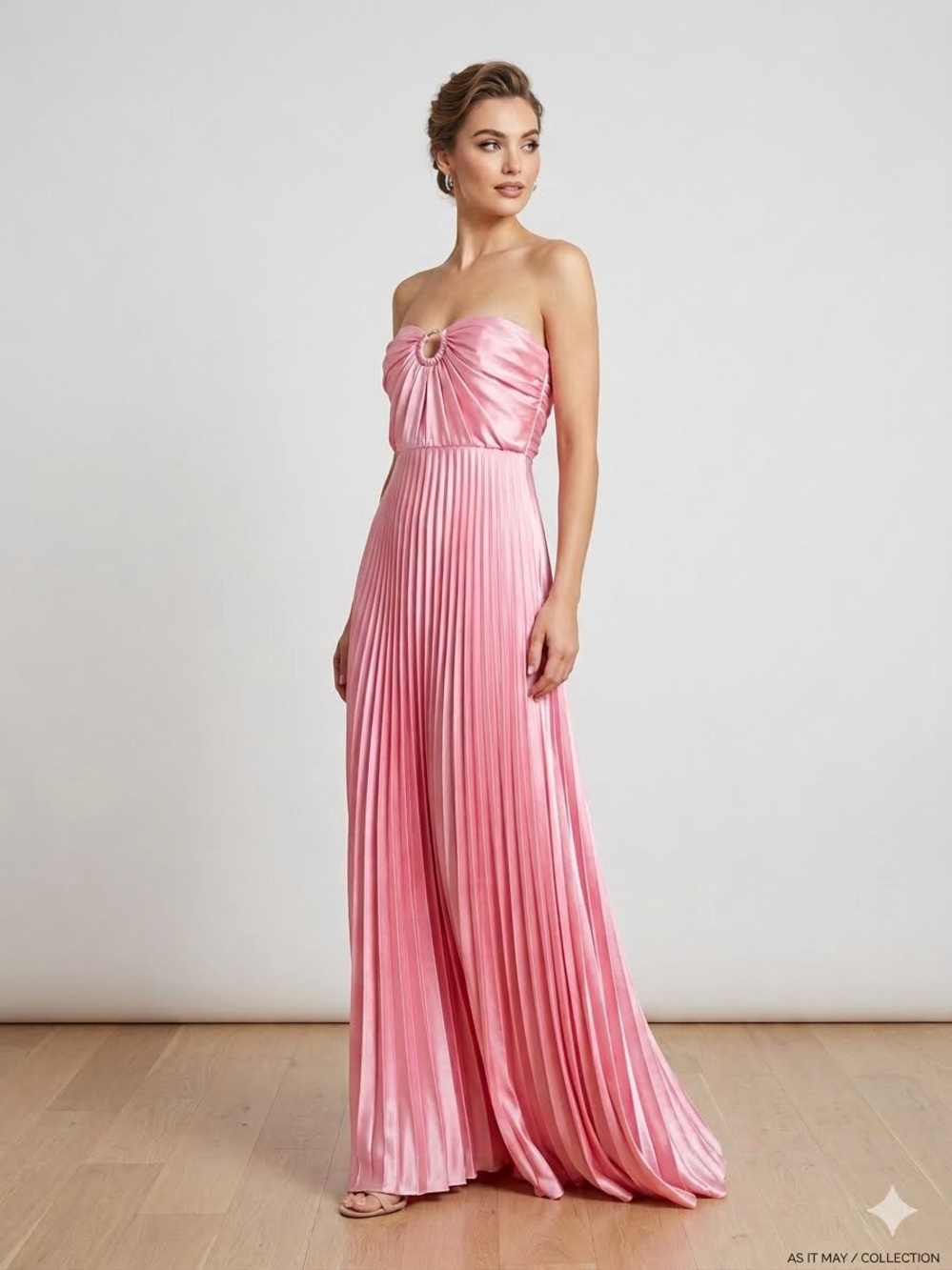 As It May Mirabela Strapless Pink Pleated Evening Gown with Gold Ring Detail